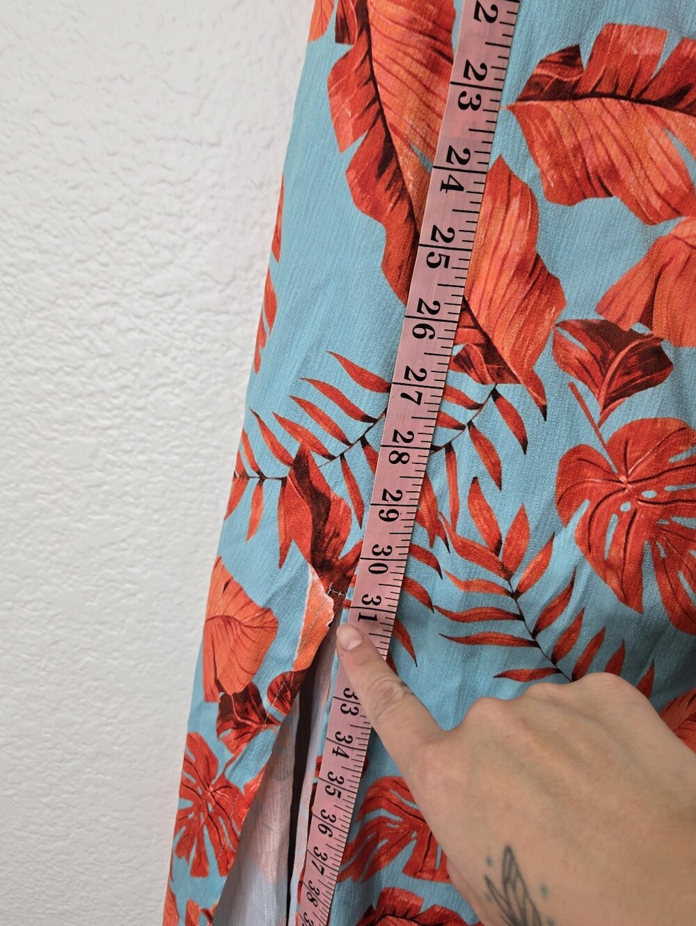 Blithe Blue Orange Leaf Print High Slit Maxi Dress Attached Shorts Romper Sz M - Picture 15 of 17
